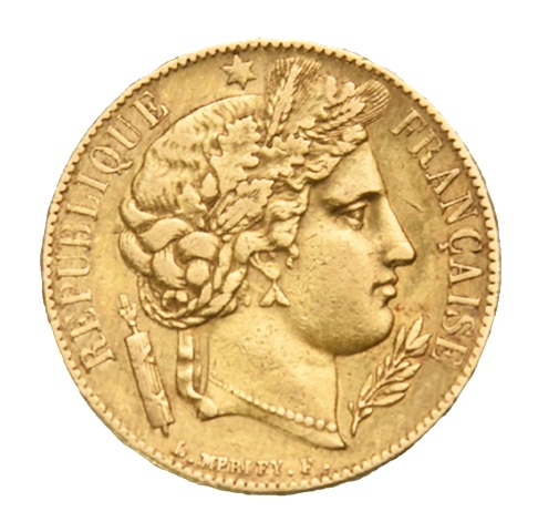 Moeda de ouro 20 Francos Franceses «Céres» 6,452 g – anos aleatórios
